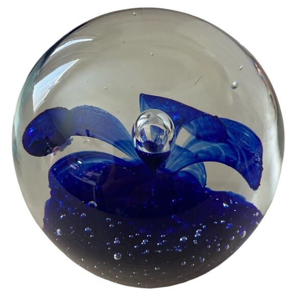 Murano Style Glass Paperweight: Blue Flower Bubble Globe, 3" Desk Decor - Picture 8 of 9